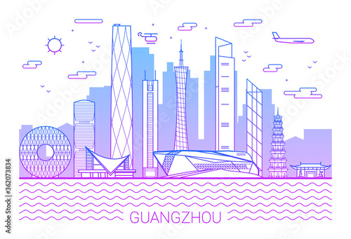 Guangzhou city, Purple Line Art Vector illustration with all famous buildings. Linear Banner with Showplace. Composition of Modern cityscape. Guangzhou buildings set. White background and pink line.