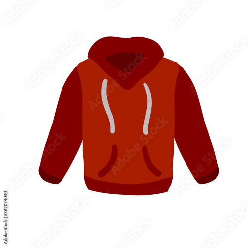 Hoodie with hood. Red Warm clothing. Sweatshirt with handles. Cartoon flat illustration isolated on white background