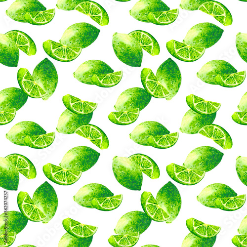 Delicious seamless pattern with juicy bright fruits and lime slices. Delicious background for textiles, Wallpaper, packaging, attractive illustrations, signage and advertising of drinks and lemonade.
