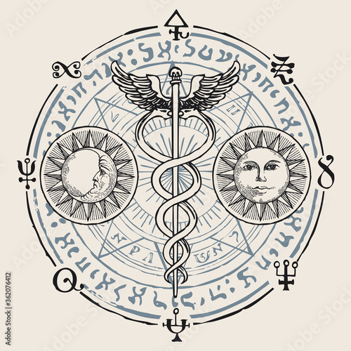 Caduceus with two snakes and wings. Vector banner with hand-drawn staff of Hermes, sun, moon, esoteric signs and magic symbols written in a circle. Medical symbol