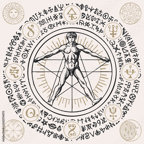 Illustration with a human figure like Vitruvian man by Leonardo Da Vinci, alchemical and masonic symbols. Hand-drawn banner with esoteric and magical signs written in a circle in retro style