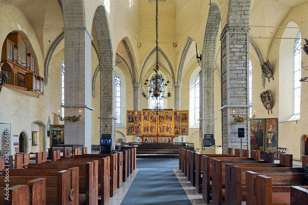 Interior of St. Nicholas Church (Niguliste kirik) in Tallinn, Estonia. The church was founded and built around 1230-1275. The High Altar was made in 1478-1481 by Hermen Rode from Lubeck.