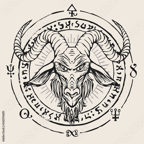 Hand-drawn horned goat head on a background of occult and witchcraft signs. The symbol of Satanism Baphomet and magic signs written in a circle