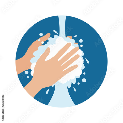 Washing hands with soap and water to prevent virus and bacteria. Cartoon illustration in flat style. Vector icon, isolated on white background. Coronavirus protection concept.
