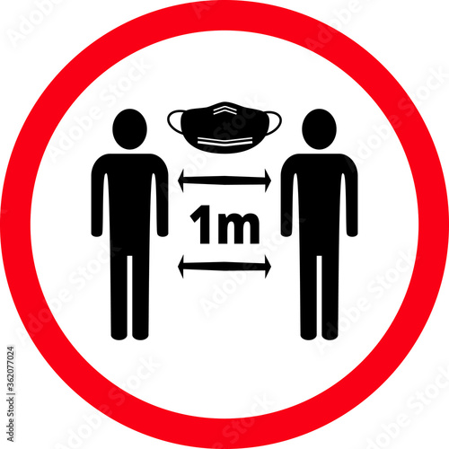 Social distance icon, 1 meter, please wears mask, red circle