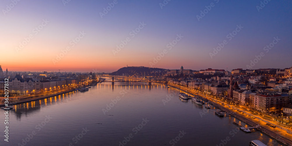 Aerial drone shot of St. Anne Church Market hall and fisherman bastion on Buda Hill