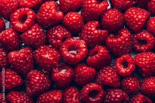 Close up image of fresh raspberries  summer concept  background image from above  food flatlay