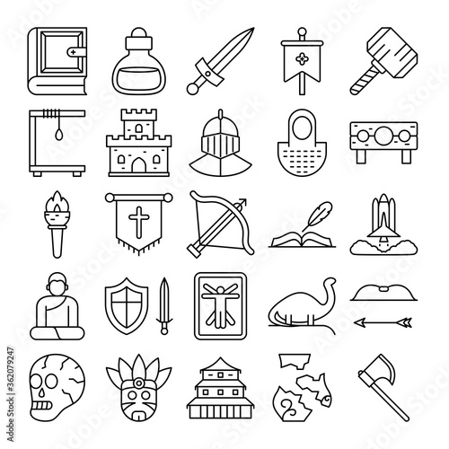 book, poison, dagger, banner, hammer, decapitate, castle icons set. Vector minimalistic illustrations pack