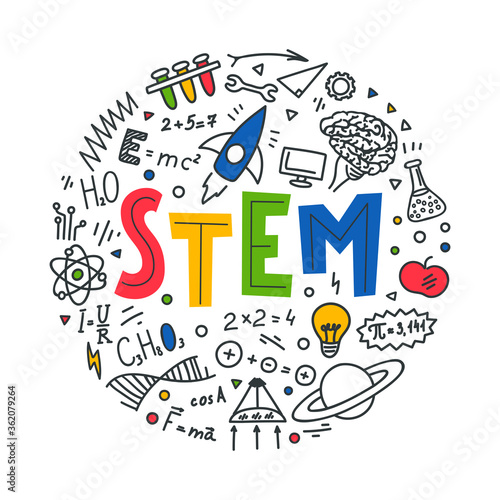 STEM. Science, technology, engineering, mathematics. Science education doodles and hand written word 