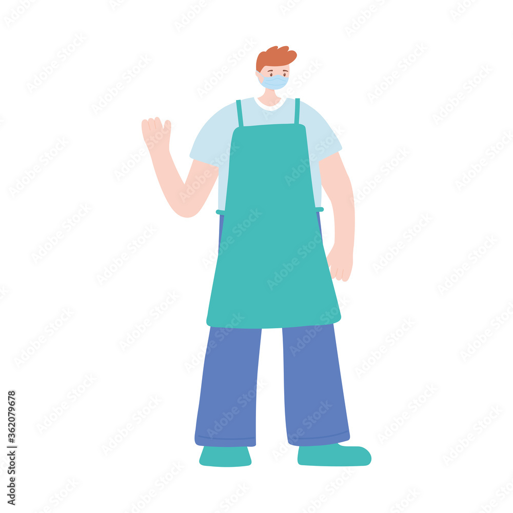 male chef with apron work essential during covid 19, character worker isolated design icon