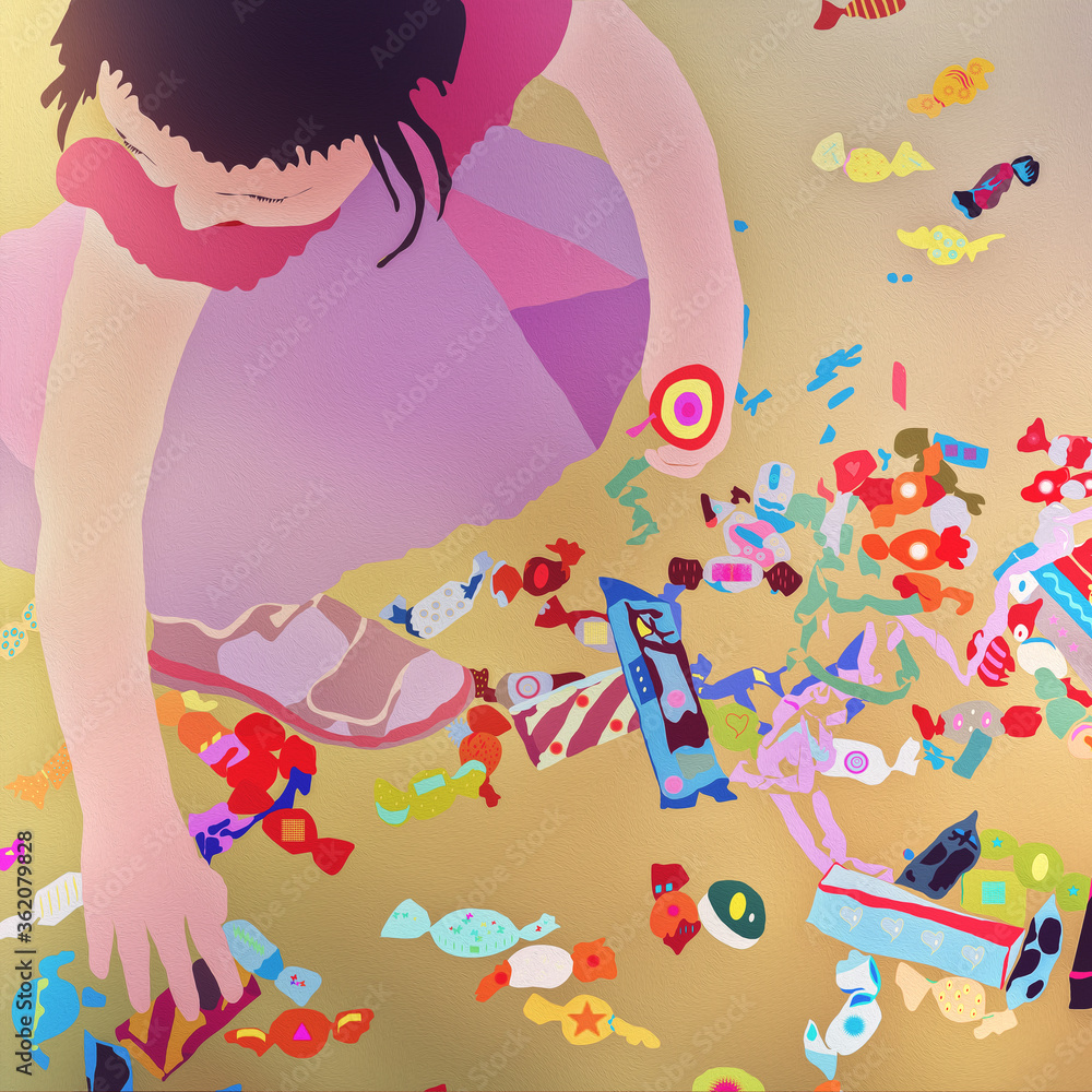Mała dziewczynka zbierające rozsypane na ziemi cukierki słodycze - obrazy, fototapety, plakaty 