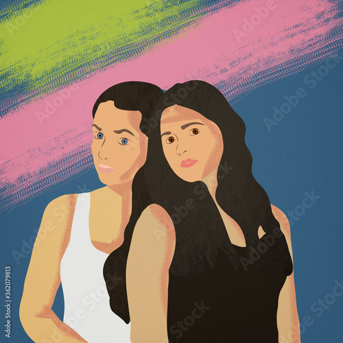 Ilustracja młode kobiety brunetki stojące obok siebie