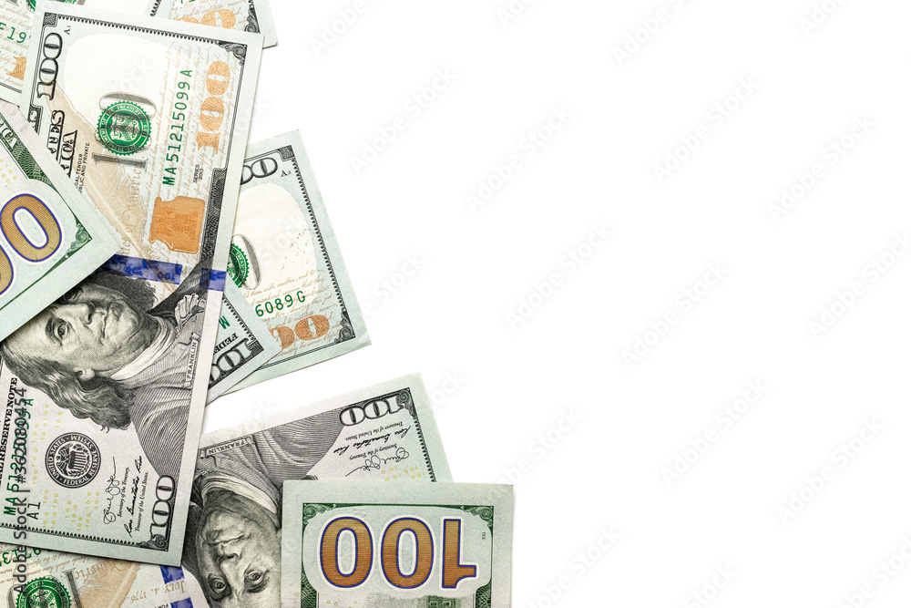 Us dollar bill. Washington American cash. Falling usd money isolated on white background.