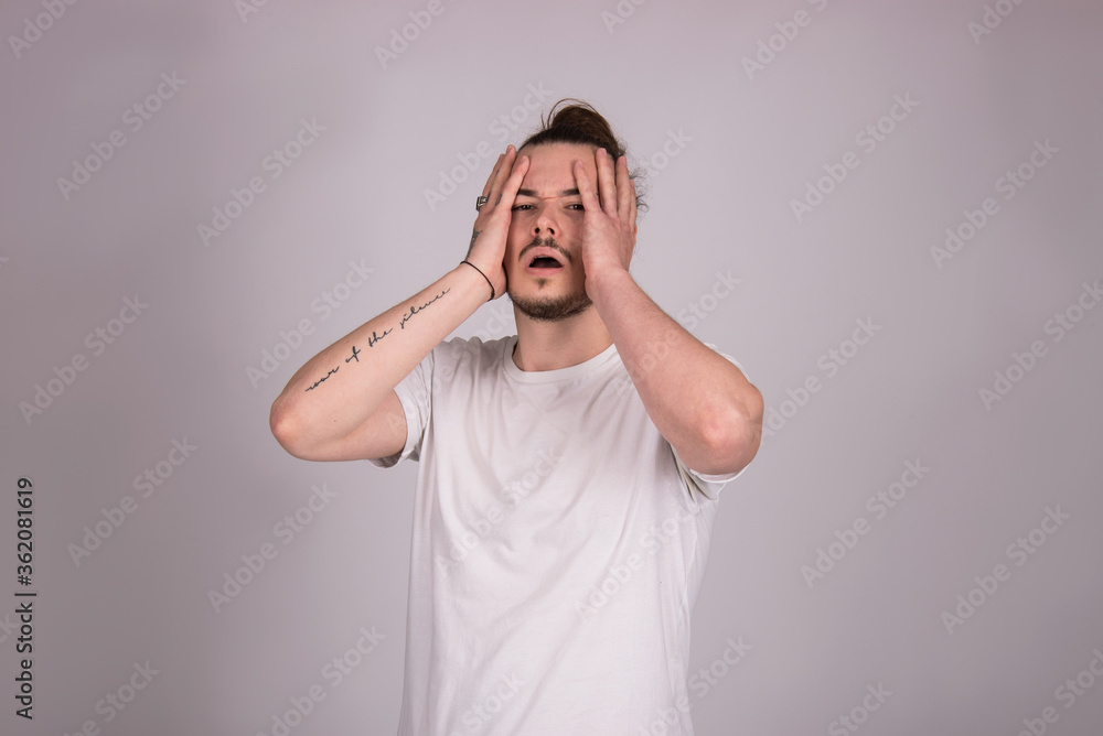 man worried face, migraine, mistake, hand on head, with facial expression forget something, isolated on white man worried face, migraine, mistake, hand on head, with facial expression forget something, isolated on white