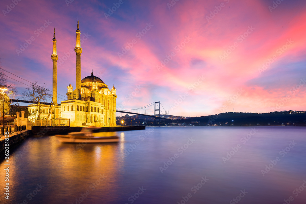 Lovely Sunrise over Ortakoy Mosque with Bosphorus Bridge View in the Background