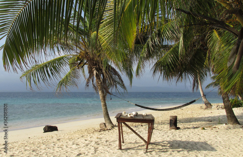 Fototapeta Naklejka Na Ścianę i Meble -  Hamacas en playa tropical con el mar de fondo