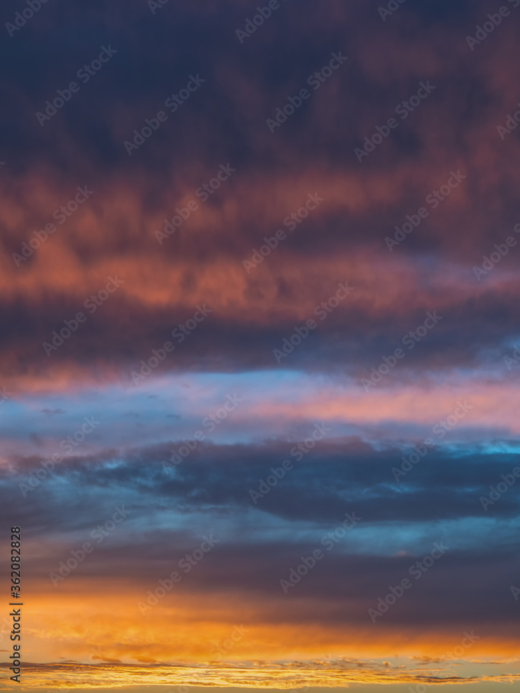 Gradient of the evening sky. Colorful cloudy sky at sunset. Sky texture, abstract nature background