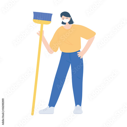 housekeeper woman with broom work essential during covid 19, character worker isolated design icon