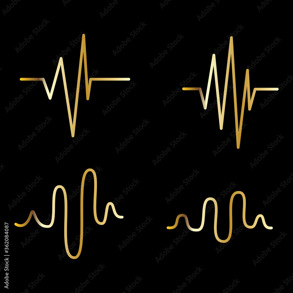 Sound wave line icon set isolated on black background. Collection of audio music sound wave thin line icons for sinusoidal, music app and logo design. Creative art concept, vector illustration