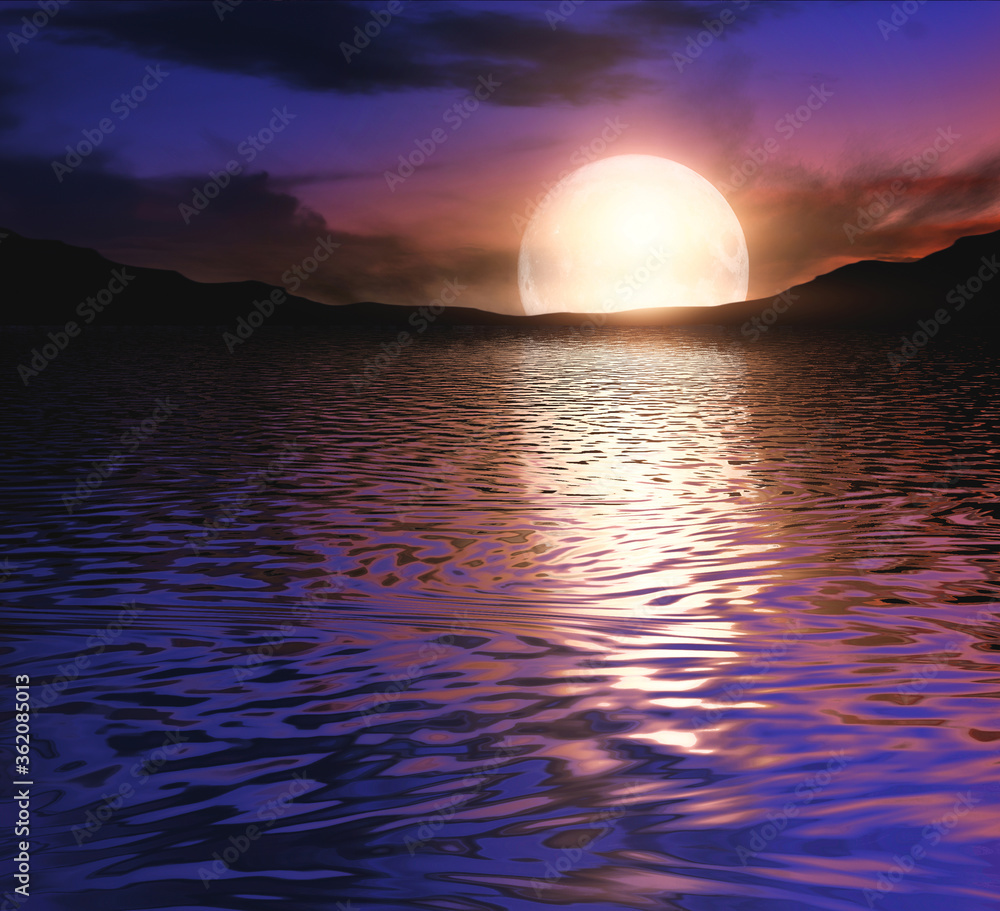 Futuristic neon landscape reflected in the water. Night view of abstract nature. Sunset. 3D illustration