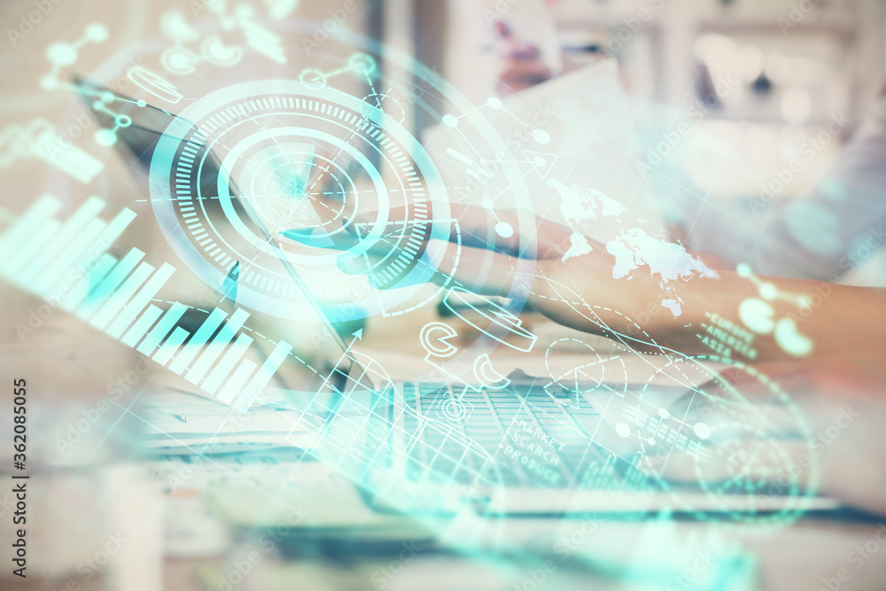 Multi exposure of woman hands typing on computer and business theme hologram drawing. Success concept. Multi exposure of woman hands typing on computer and business theme hologram drawing. Success concept.
