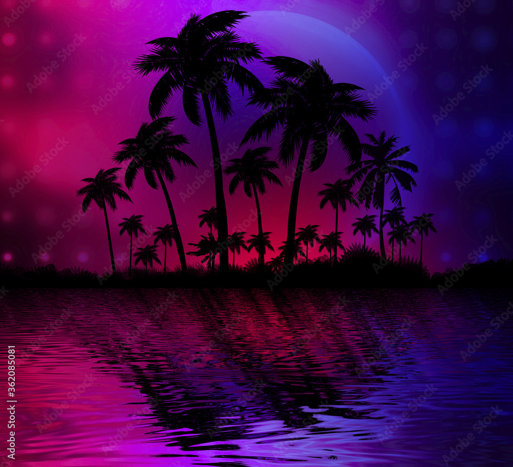 Abstract modern futuristic dark landscape with tropical palm trees, neon lights, rays. Reflection in the water, night view, abstract tropical background. 3d illustration