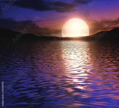 Futuristic neon landscape reflected in the water. Night view of abstract nature. Sunset. 3D illustration