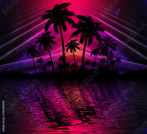 Fototapeta Naklejka Na Ścianę i Meble -  Abstract modern futuristic dark landscape with tropical palm trees, neon lights, rays. Reflection in the water, night view, abstract tropical background. 3d illustration