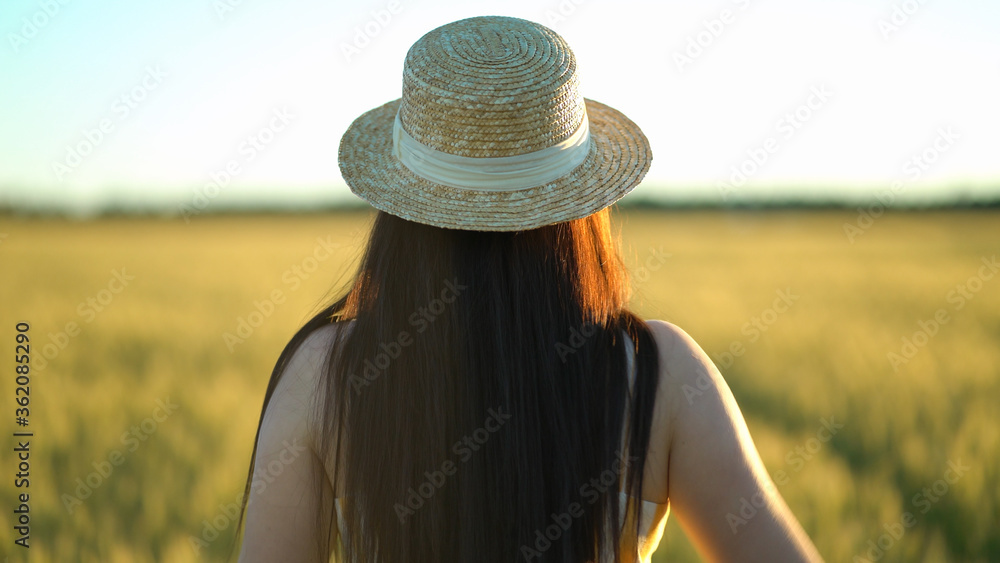 Obraz premium back view beautiful young woman with a hat walks in the green field.