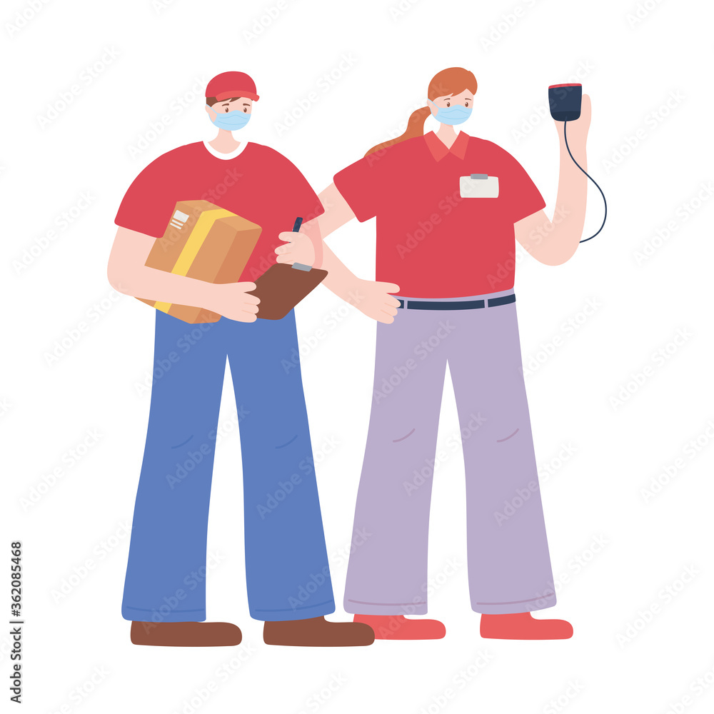 thank you essential workers, delivery man and woman wearing face masks, various occupations, coronavirus covid 19 disease thank you essential workers, delivery man and woman wearing face masks, various occupations, coronavirus covid 19 disease