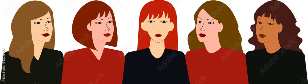 Five women of different nationalities and cultures standing together. Women's friendship, union of feminists or sisterhood. The concept of the female's empowerment movement. Five women of different nationalities and cultures standing together. Women's friendship, union of feminists or sisterhood. The concept of the female's empowerment movement.