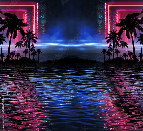 Abstract modern futuristic dark landscape with tropical palm trees, neon lights, rays. Reflection in the water, night view, abstract tropical background. 3d illustration