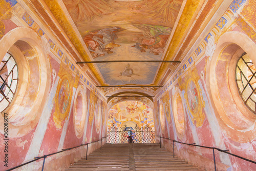 Obraz na płótnie BANSKA STIAVNICA, SLOVAKIA - FEBRUARY 20, 2015: The fresco of Ascension of the Lord on  Holy Stairs in the middle church of baroque calvary by Anton Schmidt from years 1745