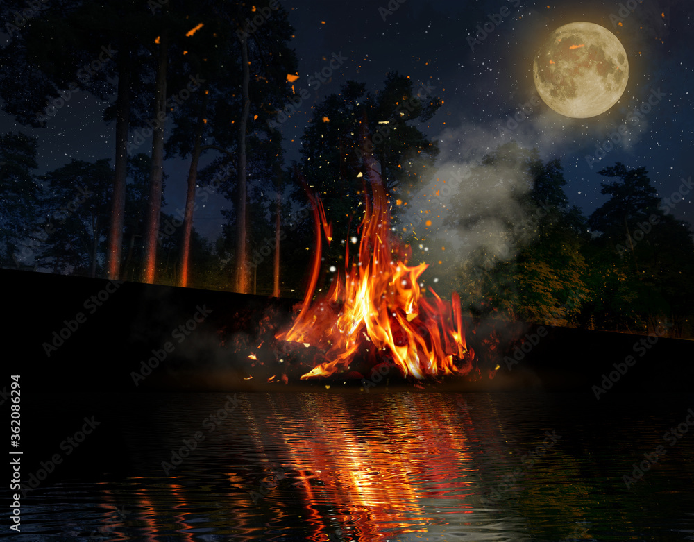 Fotografie Dark forest, bonfire near the river