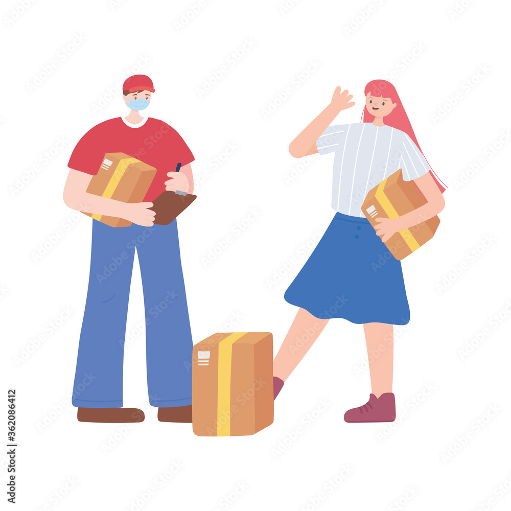 thank you essential workers, delivery man and customer with boxes, wearing face mask, coronavirus covid 19 disease thank you essential workers, delivery man and customer with boxes, wearing face mask, coronavirus covid 19 disease