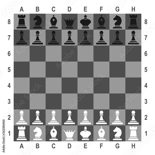 Magnetic Chess on a Chess Board. Chess pieces in flat style. Black White Chess Silhouettes. Vector illustration