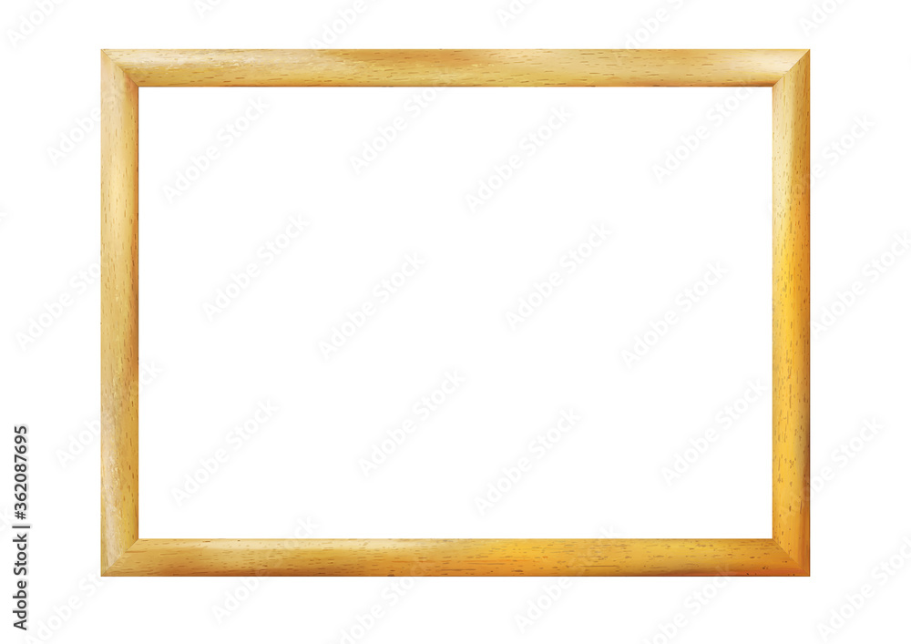 Rectangle wooden realistic frame isolated on white background. Vintage simple decorative amber border. Deco elegant yellow art object. Decoration, space for photo, image. Vector illustration Rectangle wooden realistic frame isolated on white background. Vintage simple decorative amber border. Deco elegant yellow art object. Decoration, space for photo, image. Vector illustration