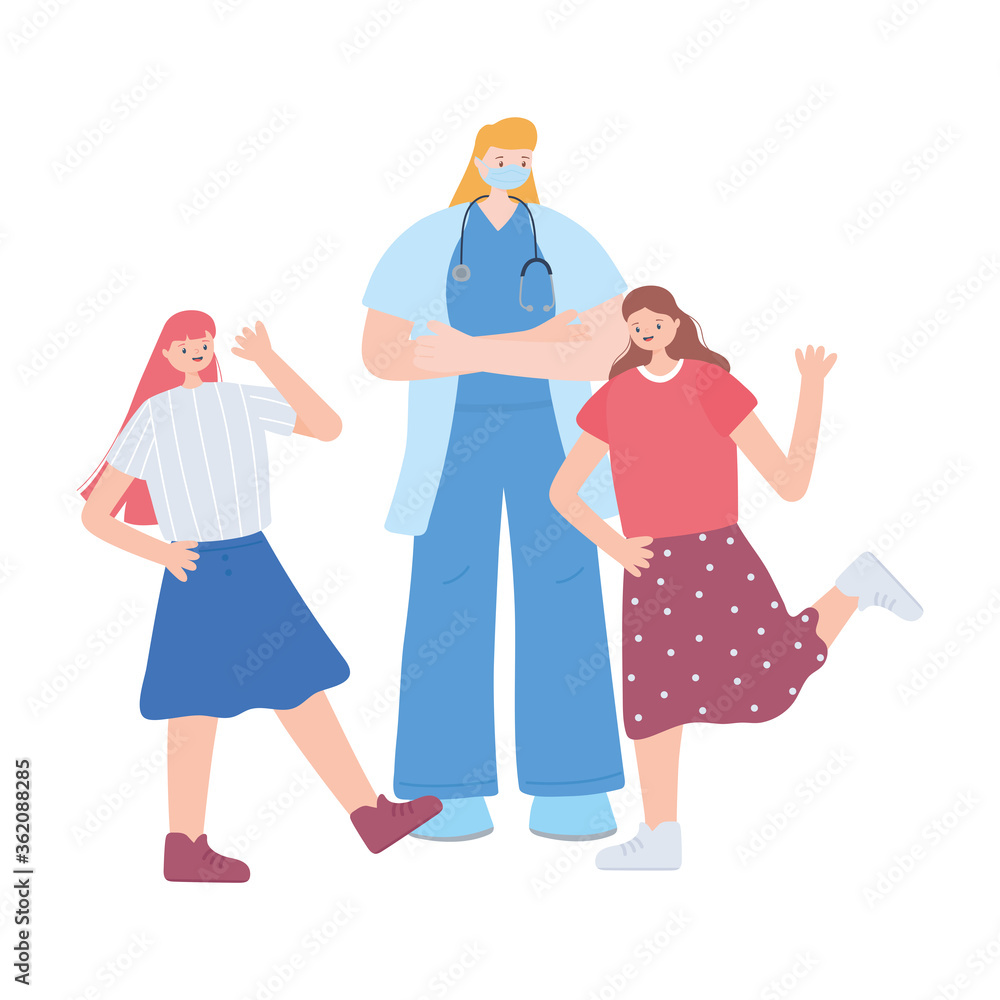 thank you essential workers, female physician with happy girls, wearing face mask, coronavirus covid 19 disease thank you essential workers, female physician with happy girls, wearing face mask, coronavirus covid 19 disease