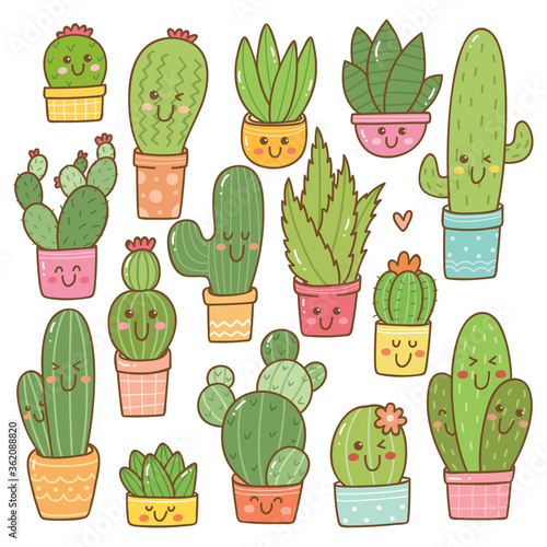 Set of cactus plant in kawaii doodle style vector