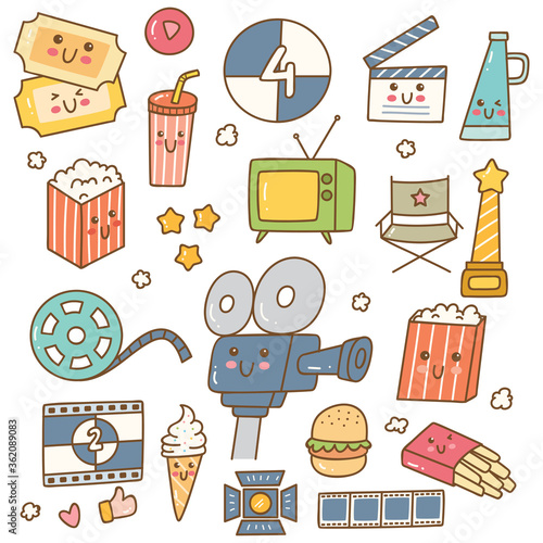 Set of kawaii style movie doodles