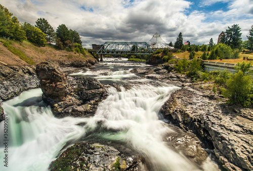 Spokane waterfalls with bridge and Pavilion  background photo