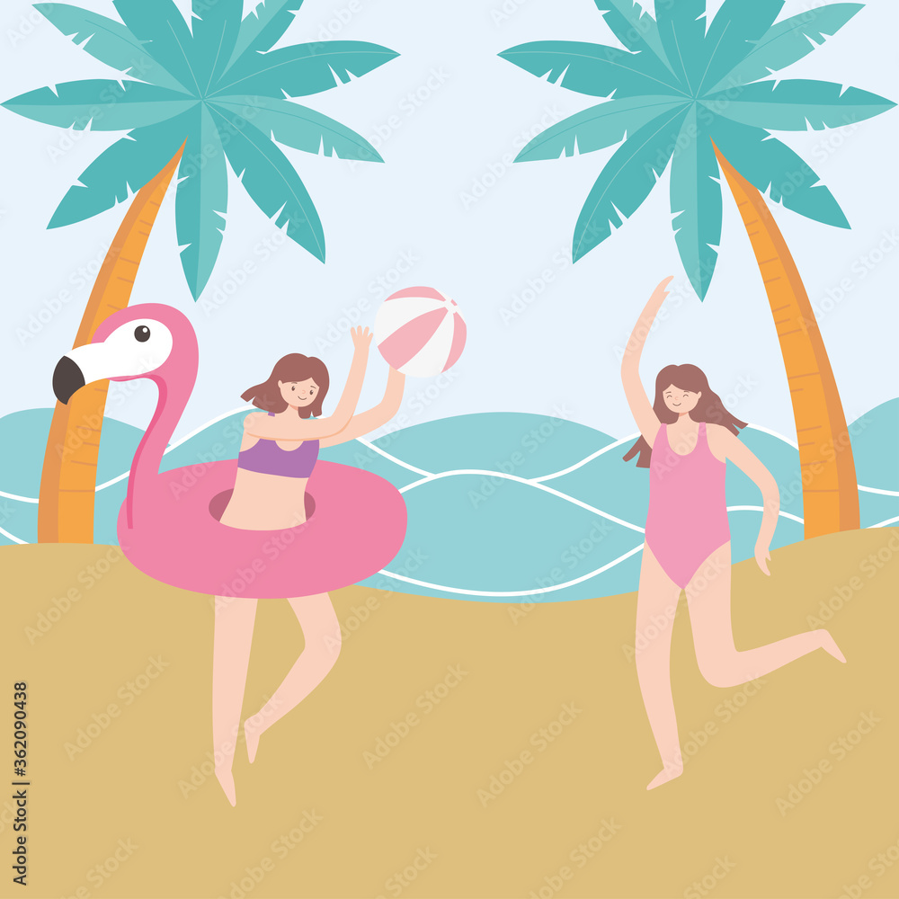 summer time vacation tourism girls with beach ball and flamingo float