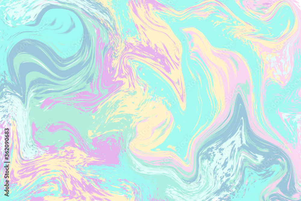 Mint yellow abstract background. Pastel liquid paint raster illustration. Digital suminagashi paper.