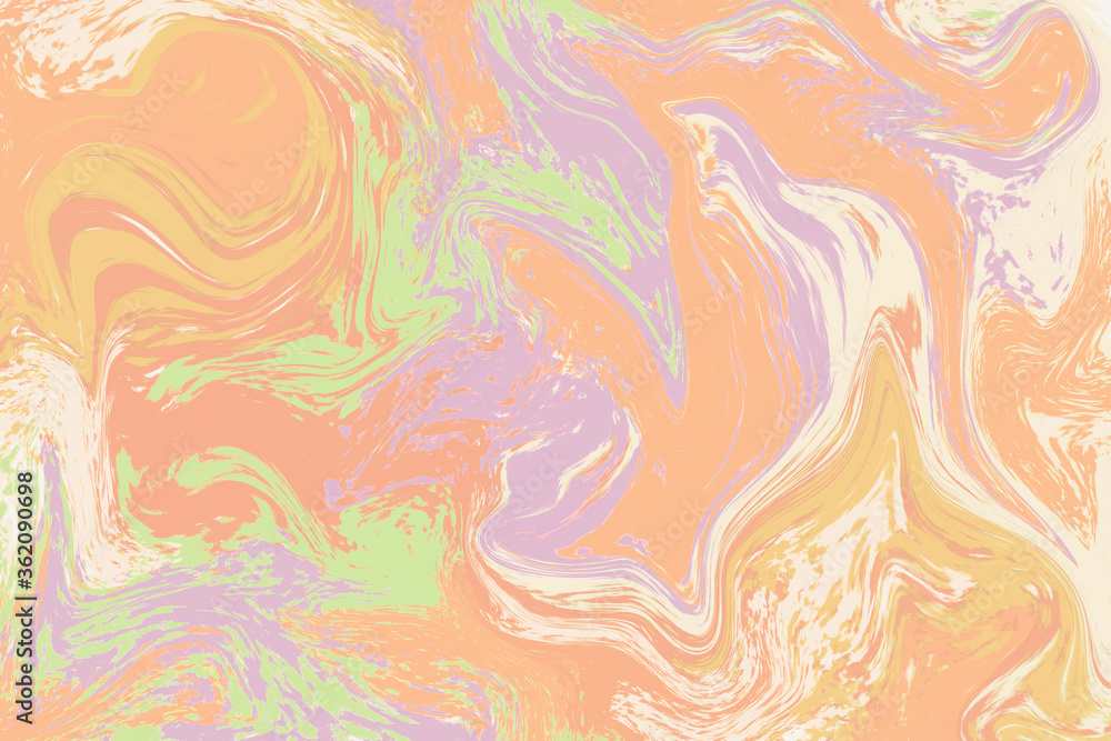Orange green abstract background. Pastel liquid paint raster illustration. Digital suminagashi paper. Warm palette marbling template design