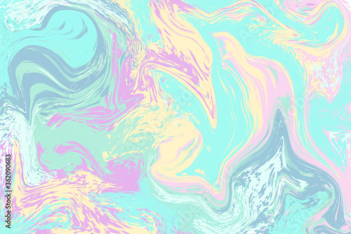 Mint yellow abstract background. Pastel liquid paint raster illustration. Digital suminagashi paper.