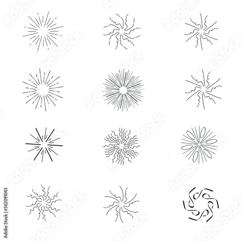 Set of vintage sunbursts, explosion doodles isolated on white background EPS Vector Abstract