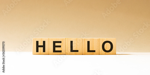 Word hello made with wood building blocks