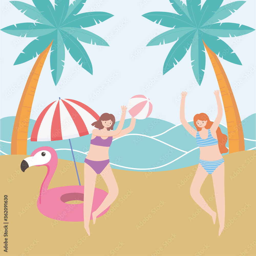 summer time vacation tourist girls playing with ball in beach summer time vacation tourist girls playing with ball in beach