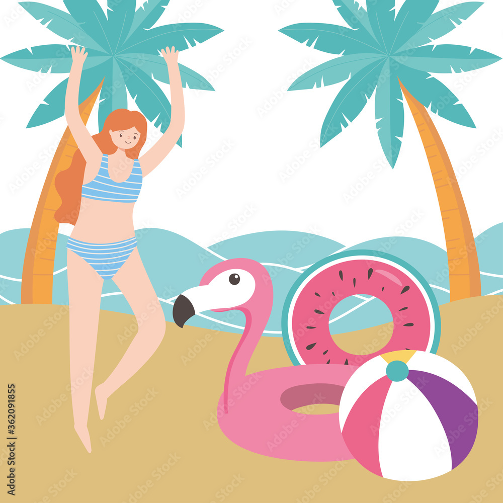 summer time woman with flamingo float ball palm trees sea beach vacation tourism