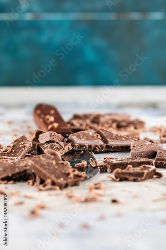 Chopped chocolate pieces on the ground